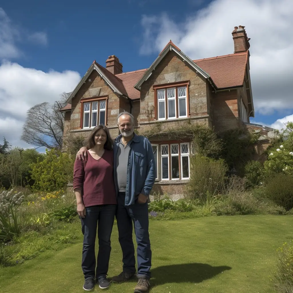 Older couple in front of an English Country house